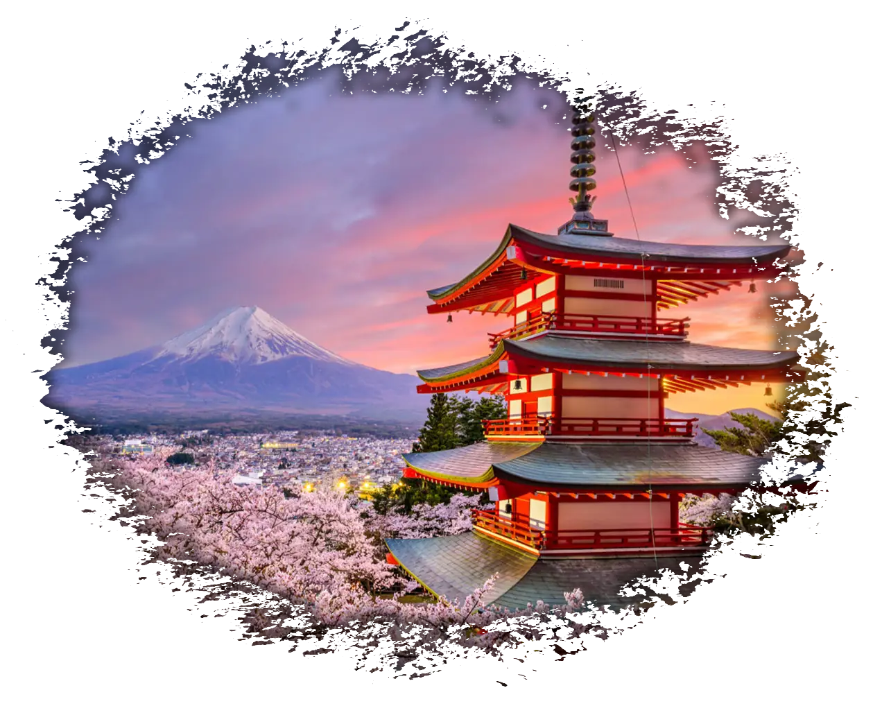 Japanese Temple with Mount Fuji in Background